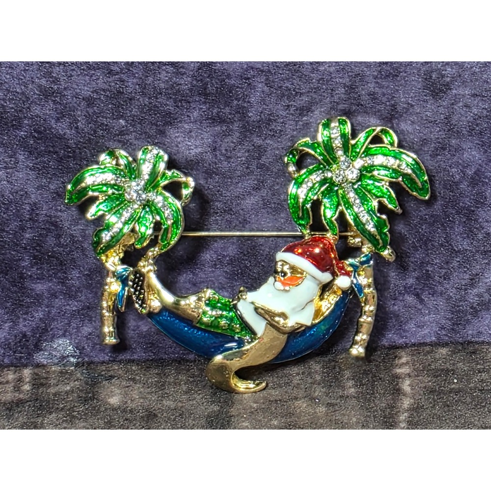 Tropical Santa Claus Hammock Palm Tree Christmas Brooch Enamel Rhinestone Pin